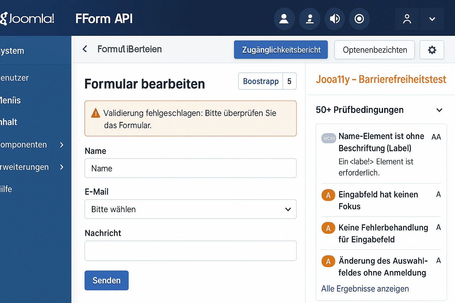 Joomla 4/5 CMS Backend mit JForm Accessibility Features, Jooa11y Checker und WCAG 2.1 Compliance Interface für barrierefreie Formulare