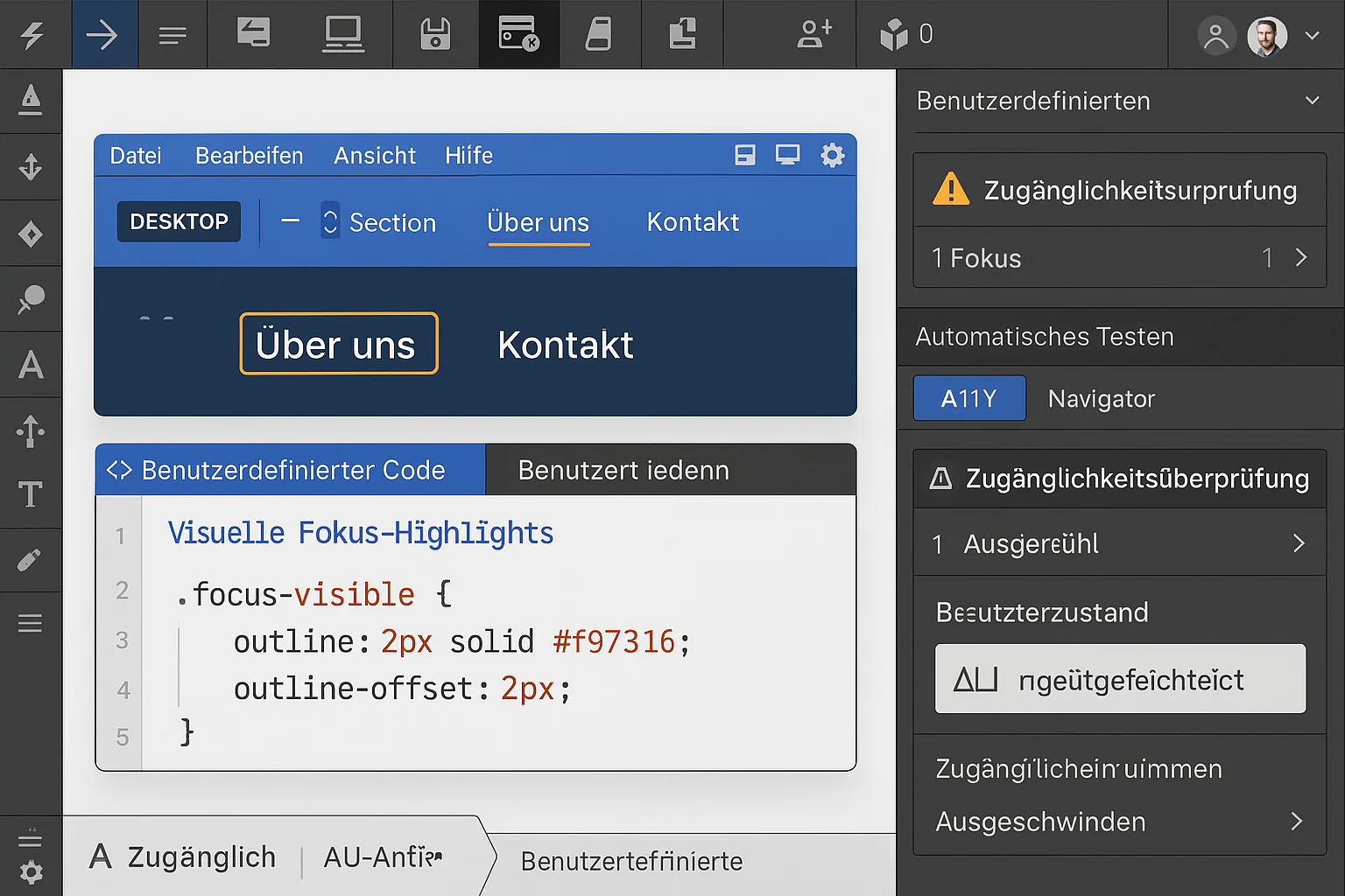 Webflow Designer Interface mit Accessibility Panel, Focus-Visible CSS und WCAG 2.2 Compliance Features für visuelles Web Design