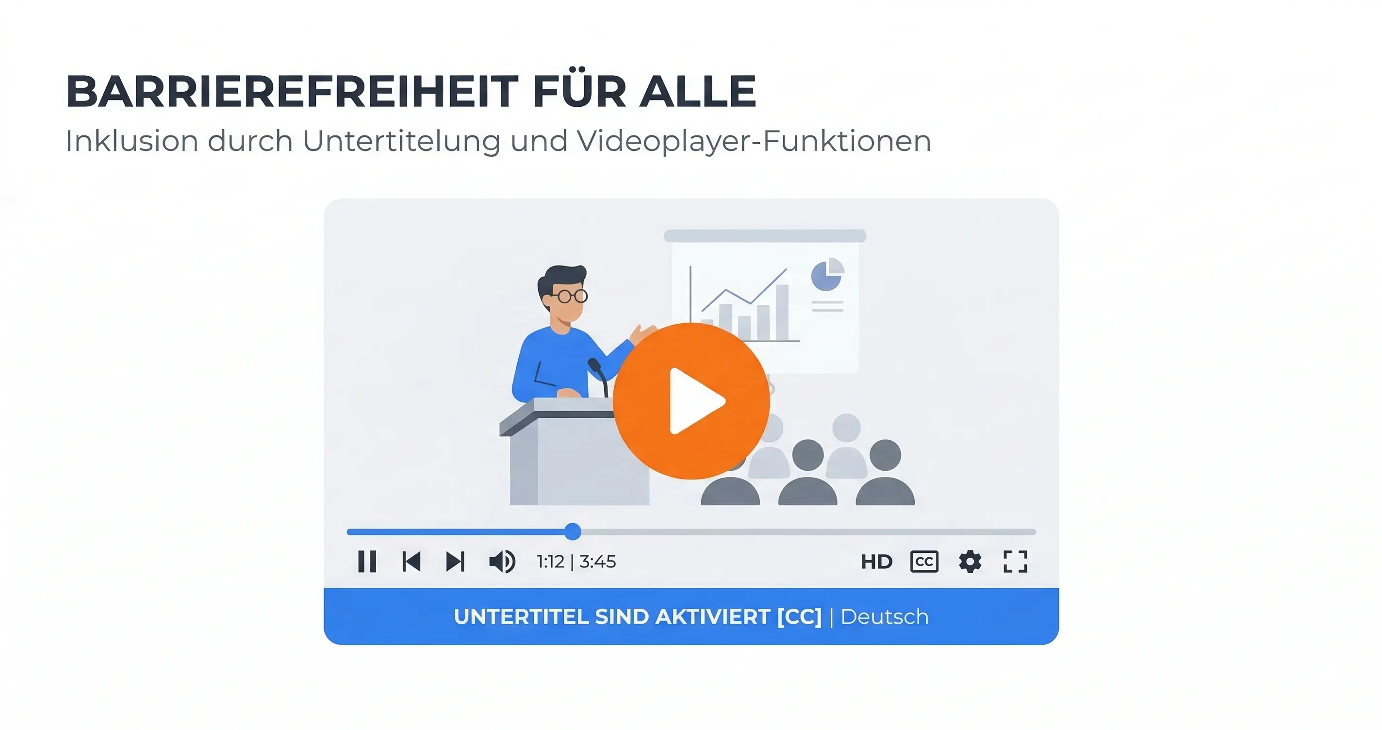 Barrierefreie Videos: Screenshot eines Videos mit Untertitel-Symbol und BFSG-Konformitätsbadge