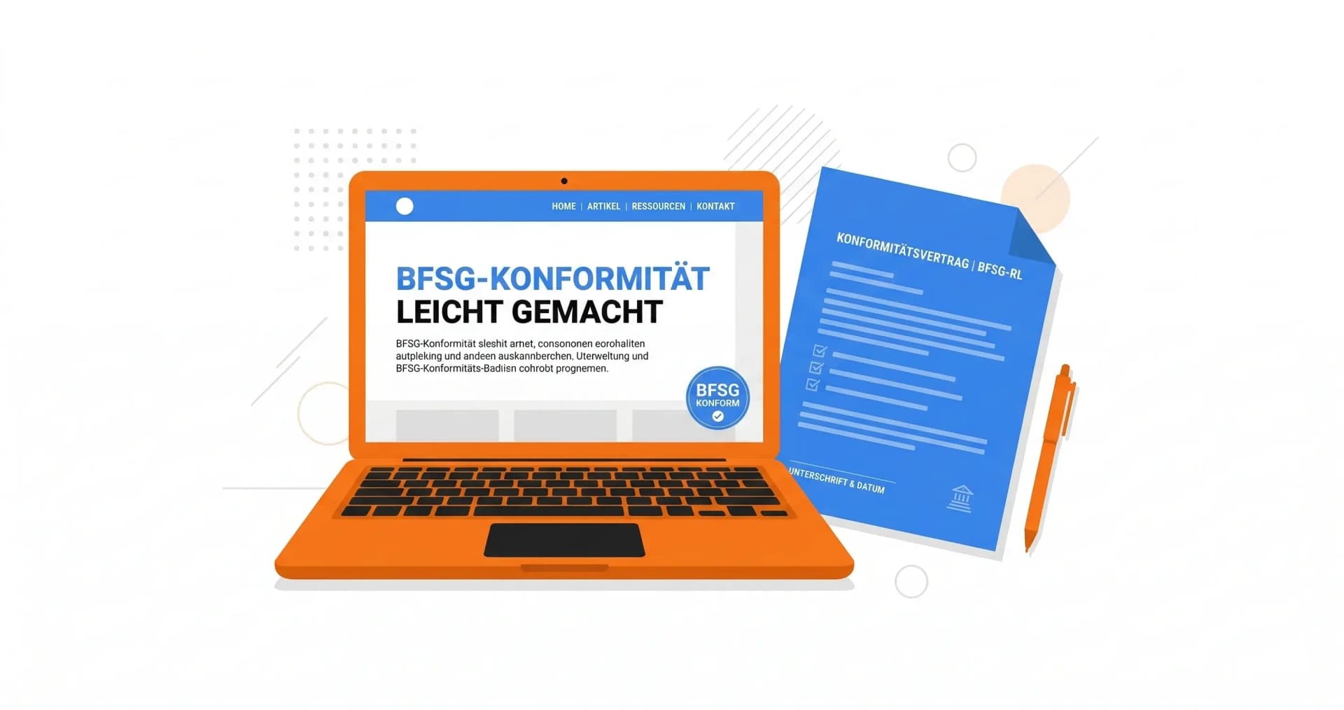 BFSG für Agenturen: Web-Agentur-Team präsentiert Website an Kunden mit BFSG-Konformitätsbadge und Vertragsunterlagen