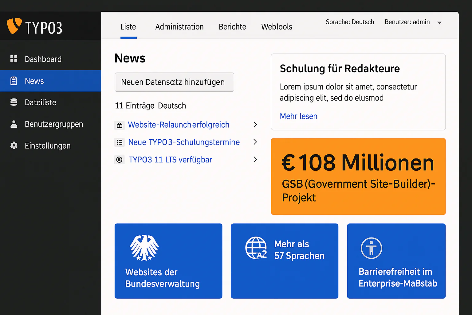 TYPO3 CMS Backend mit Accessibility Features, News-Management und Redakteur-Interface für barrierefreie Content-Erstellung