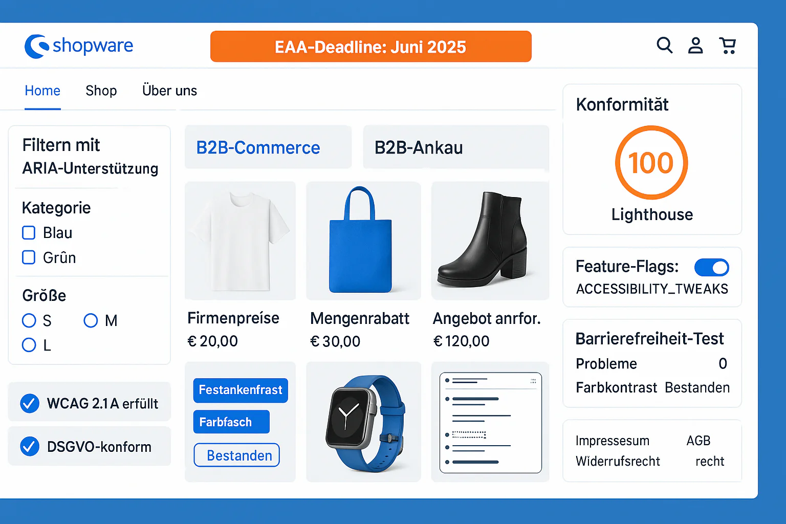 Shopware 6 E-Commerce Dashboard mit Accessibility Features, EAA Compliance Tools und Barrierefreiheits-Einstellungen für Online Shops